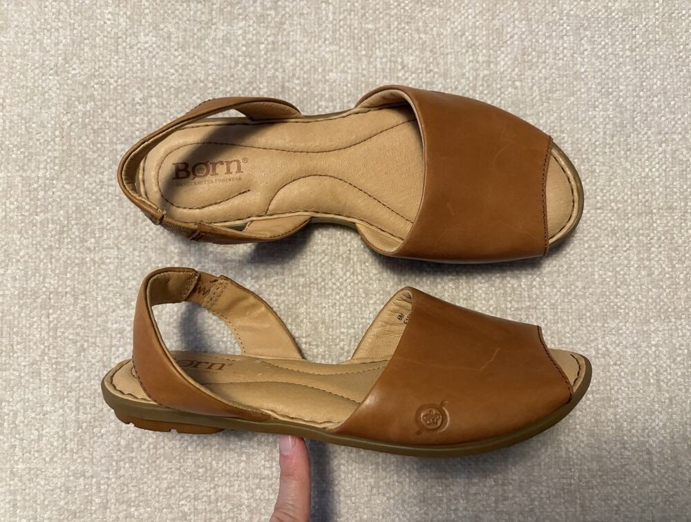 Born Trang Slingback Sandals Womens 6 Tan Leather Cushioned Peep Toe Flats